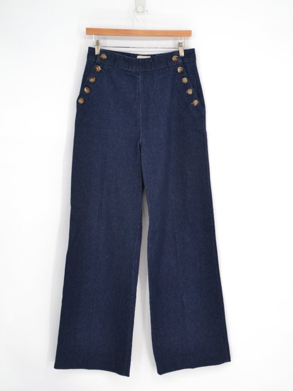 Sezane High Rise Wide Leg Navy Denim Button Front Pants Size 38 - Picture 2 of 9